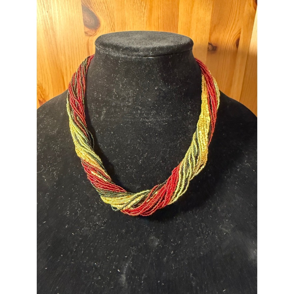 Ross-Simons Multi Strand Seed Bead Twist Necklace Red Green Gold‎ Tone Box